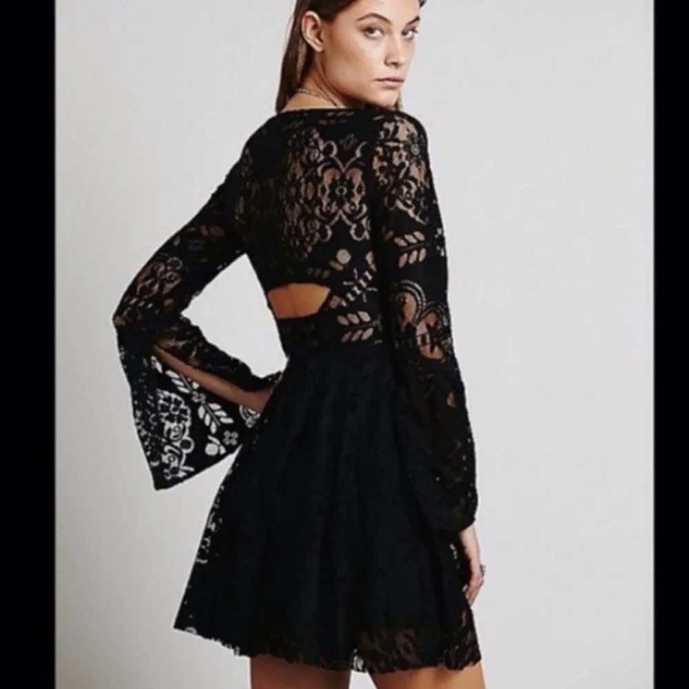 Free People Black Lace Long Sleeve Mini Dress